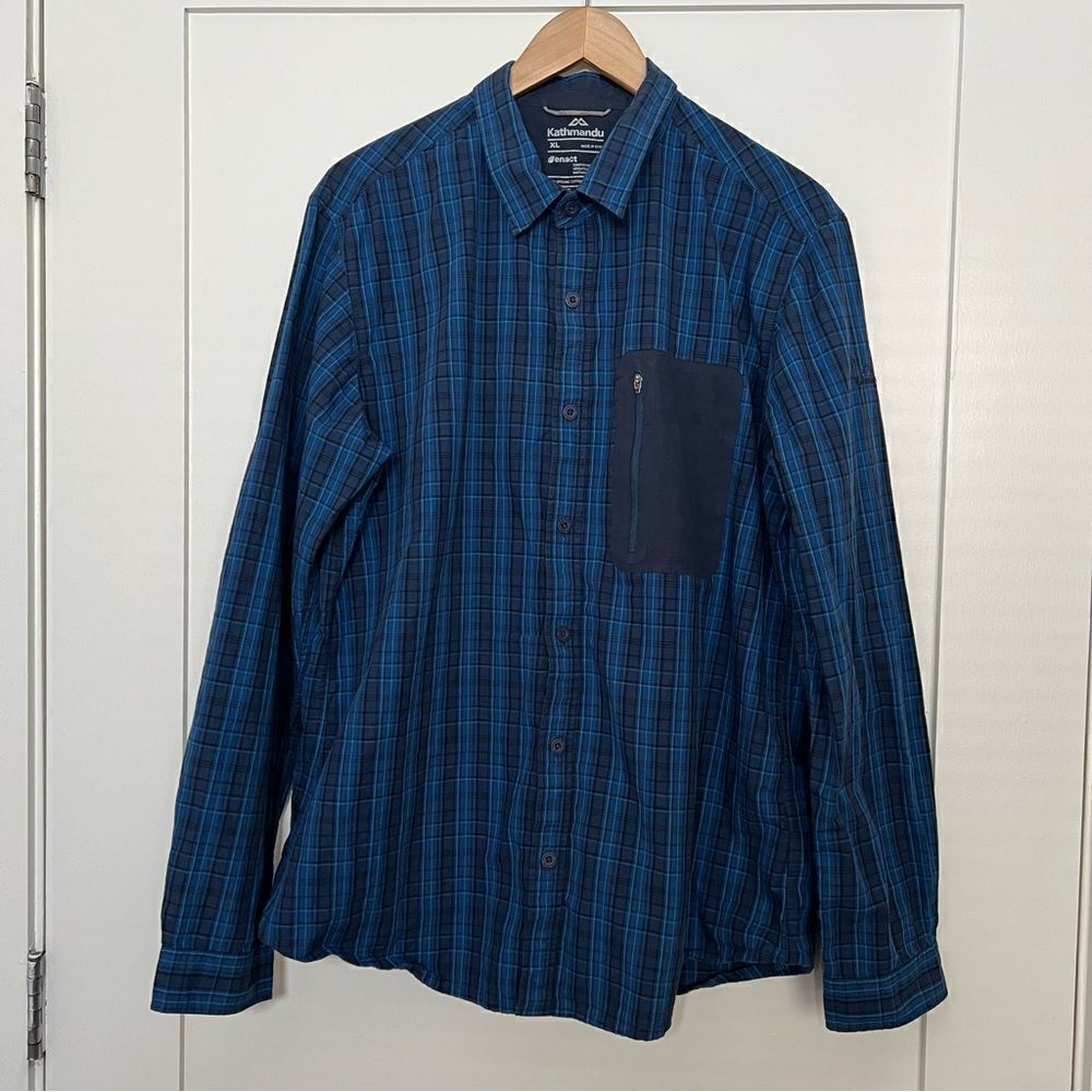 Kathmandu Shirt Mens XL Blue Plaid Slim Fit Long Sleeve Button Up Organic Cotton